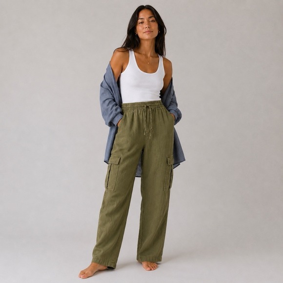 Cotton On Pants - Cotton On linen cargo pants women's XL olive green utility wide leg